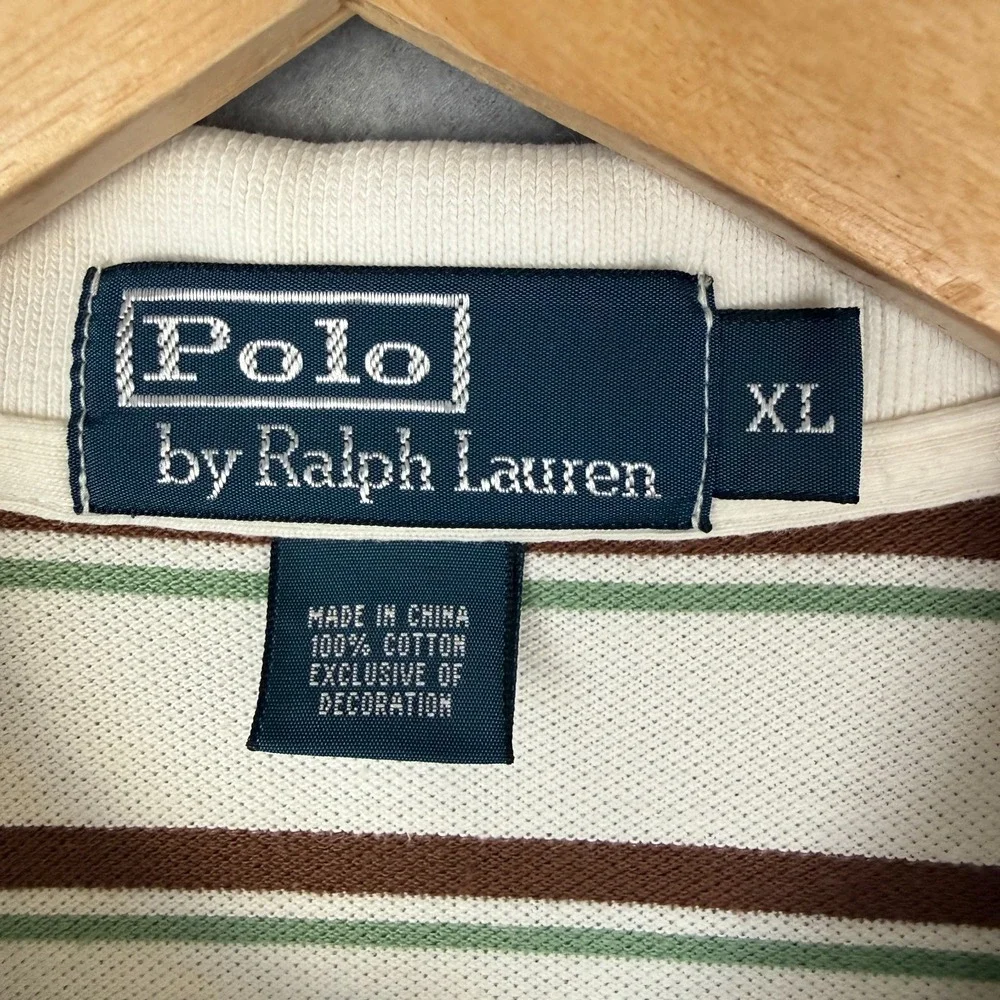 Polo Ralph Lauren Men's XL Striped Cotton Pique Polo Shirt White Brown Green